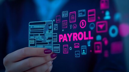 A person holding a digital representation of payroll data, highlighted with vibrant graphics that symbolize financial management and technology.