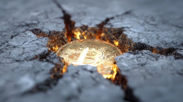 Cracked surface unveils radiant coin symbolizing hidden wealth and opportunity in the digital realm