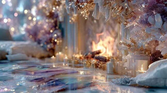Elegant close-up of white pearl Christmas fireplace with glowing fire, delicate garlands, ornaments and festive lights. Luxury holiday decor background.
