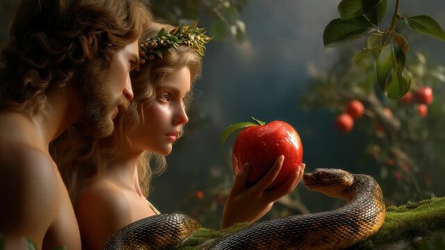 Garden trial: Eve question, Adam follow, snake twist, fruit fate, Eden fade, shame begin, command break, myth stir, exile march, divine fire, truth reveal, sacred fall