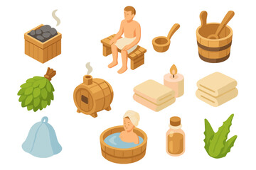 Sauna and wellness icons set – isometric vector cartoon illustration of relaxing spa bathhouse designs with wooden elements, steam, towels, herbs, essential oils, and sauna accessories