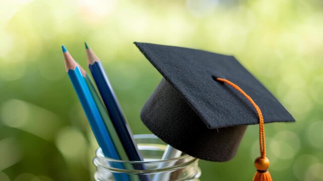 Graduation cap jar with blue tassel and pencils symbolizes education achievement online certification program learning success
