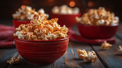 Spicy popcorn served in crimson red dishes on dark wood backdrop, cozy mood