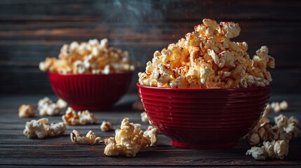 Spicy popcorn served in crimson red dishes on dark wood backdrop, cozy mood
