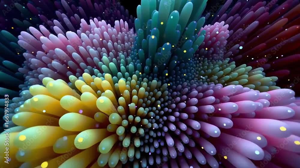Poster a vibrant 3d abstract design featuring clusters of colorful, elongated shapes emanating from a centr