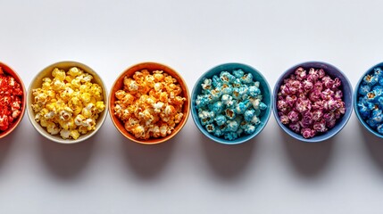 Vibrant rainbow popcorn in gradient color bowls on a white tabletop, symmetrical layout