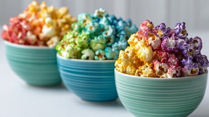Vibrant rainbow popcorn in gradient color bowls on a white tabletop, symmetrical layout