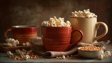 Warm terracotta and cream tones surrounding popcorn styled with ceramic mugs