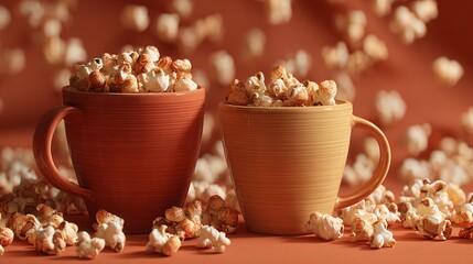 Warm terracotta and cream tones surrounding popcorn styled with ceramic mugs