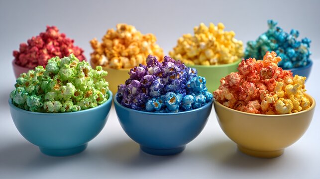 Vibrant rainbow popcorn in gradient color bowls on a white tabletop, symmetrical layout