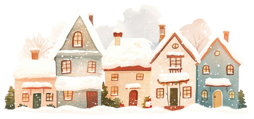 PNG Christmas five houses snow art illustration.