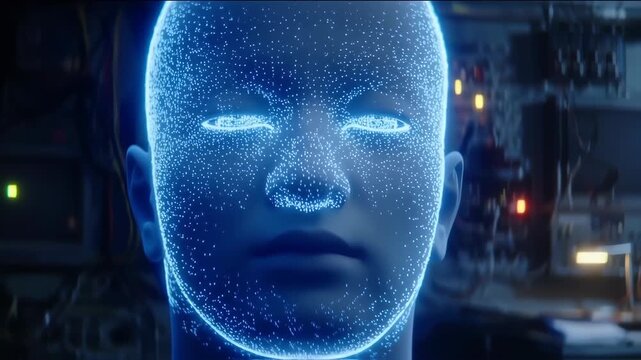A digital representation of a human face, composed of glowing points of light, set against a backdrop of electronic equipment