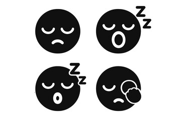 Sleepy face icons set, solid filled vector emojis with droopy eyes, yawning, snoring, and rubbing eyes, cartoon style sleepiness emotions, tired expressions collection