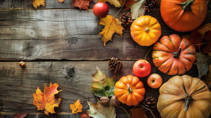 Happy Thanksgiving holiday background from autumn leaves, pumpkins and fall decorations on turquoise table.