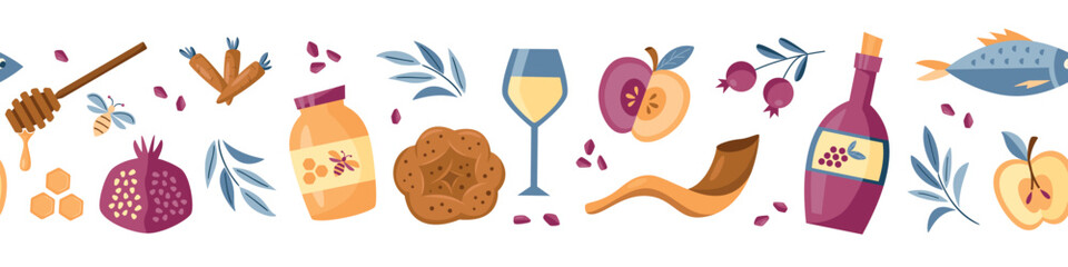Clean horizontal seamless border for Shanah Tovah. Traditional Jewish New Year foods - honey dipper, apple, pomegranate, carrot—decorated in flat contemporary style. Perfect for greeting cards