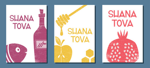 Flat textured illustration set of Shanah Tovah holiday symbols: honey dipper, pomegranate, apple, fish and wine. Contemporary design for cards, posters and Jewish New Year celebration