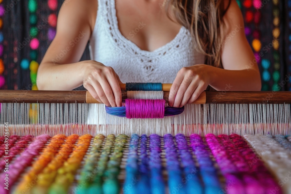Poster weaving colorful threads on a loom in a vibrant workshop