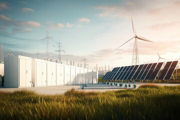 Solar panels and wind turbines at a renewable energy facility in the late afternoon
