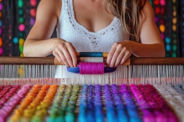 Weaving colorful threads on a loom in a vibrant workshop