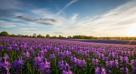 A large field of purple camas flowers at sunset with trees and a bright sky.
