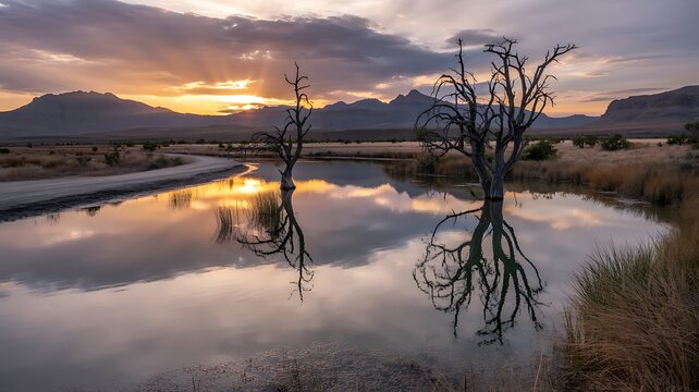 Dead Trees Reflected in Still Water at Sunset with Mountain Backdrop sunrise twilight
