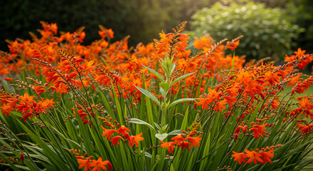 A cluster of bright orange montbretia flowers with their green foliage.