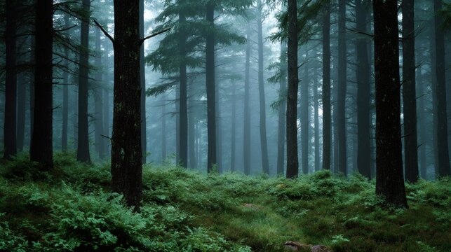 dark night forest, with tall straight tree trunks disappearing into the dim mist, dense low vegetation in rich green hues at the base, and a moist ground with subtle reflections under the faint ambien