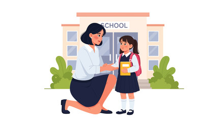 Adobe illustrator artwork vector illustration of a mother giving emotional support to her daughter on the first day of school