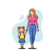 Adobe illustrator artwork vector illustration of a stylish mother walking her daughter to school, accompanied by other cheerful students near the school building