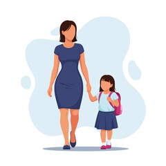 Adobe illustrator artwork vector illustration of a stylish mother walking her daughter to school, accompanied by other cheerful students near the school building