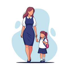 Adobe illustrator artwork vector illustration of a stylish mother walking her daughter to school, accompanied by other cheerful students near the school building