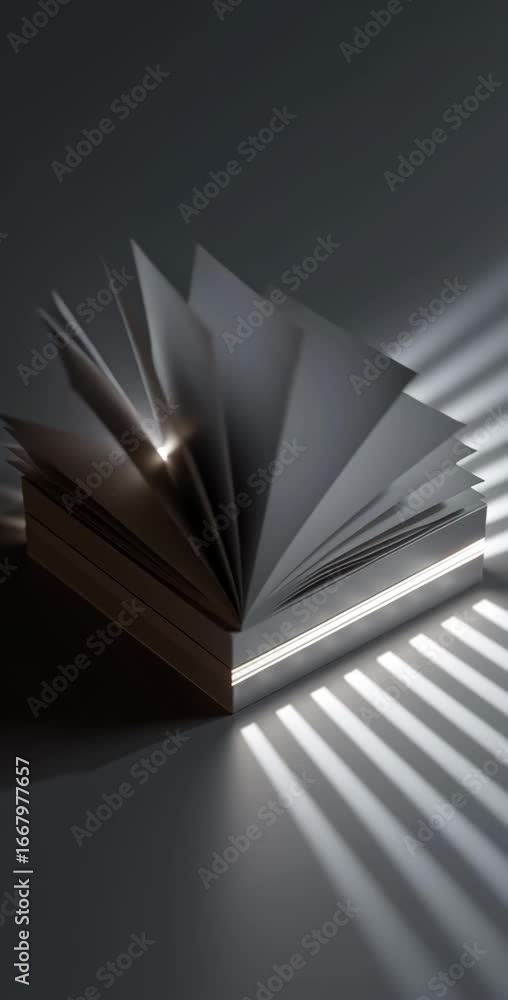Poster artistic composition of fanned pages in book, illuminated by soft light, creating shadows and serene