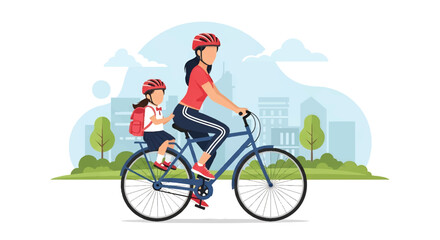 Adobe illustrator artwork vector illustration of a mother cycling with her daughter on the back, both wearing helmets, with a cityscape in the background