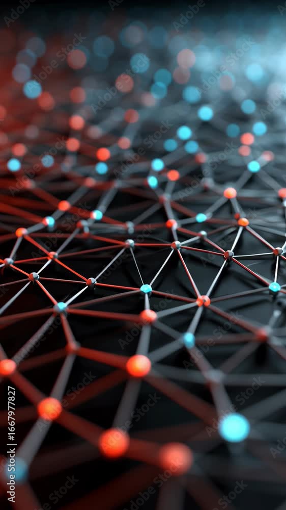 Poster abstract network design interconnected nodes in red and blue colors showcase dynamic technology and 
