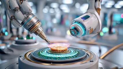 A sophisticated robotic hand engages with a glowing circuit, showcasing advanced technology and innovation - Powered by Adobe