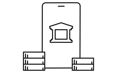 Fintech icon of online bank with savings and investment, digital finance and mobile banking vector illustration, black and white