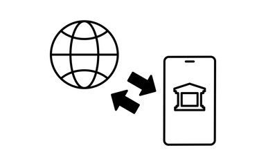 Fintech icon of accessing online bank via smartphone application, mobile banking login vector illustration, black and white