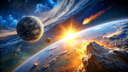 A cosmic scene featuring planets, asteroids, and a brilliant sun, illustrating the vastness and wonder of space exploration and celestial events
