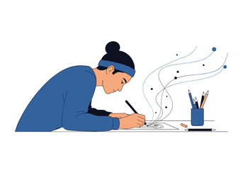 Creative young person drawing and illustrating with imagination flowing outward