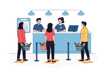 People in a grocery store queue maintaining physical distance during a pandemic checkout