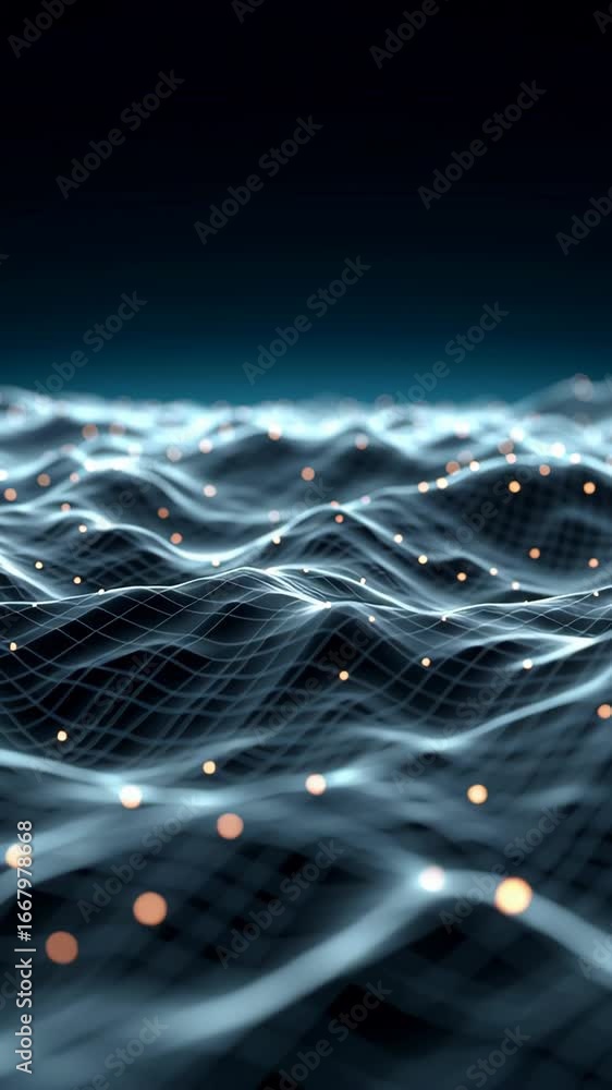 Poster mesmerizing abstract digital waves with glowing particles create visual effect, evoking depth and mo