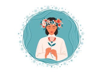 Obraz premium A woman wearing a flower crown holds a delicate green plant gently