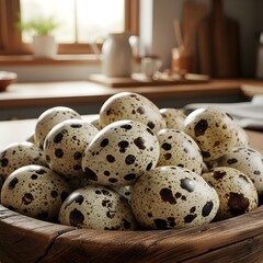 Obraz premium Rustic Bowl of Raw Quail Eggs with Speckled Shells