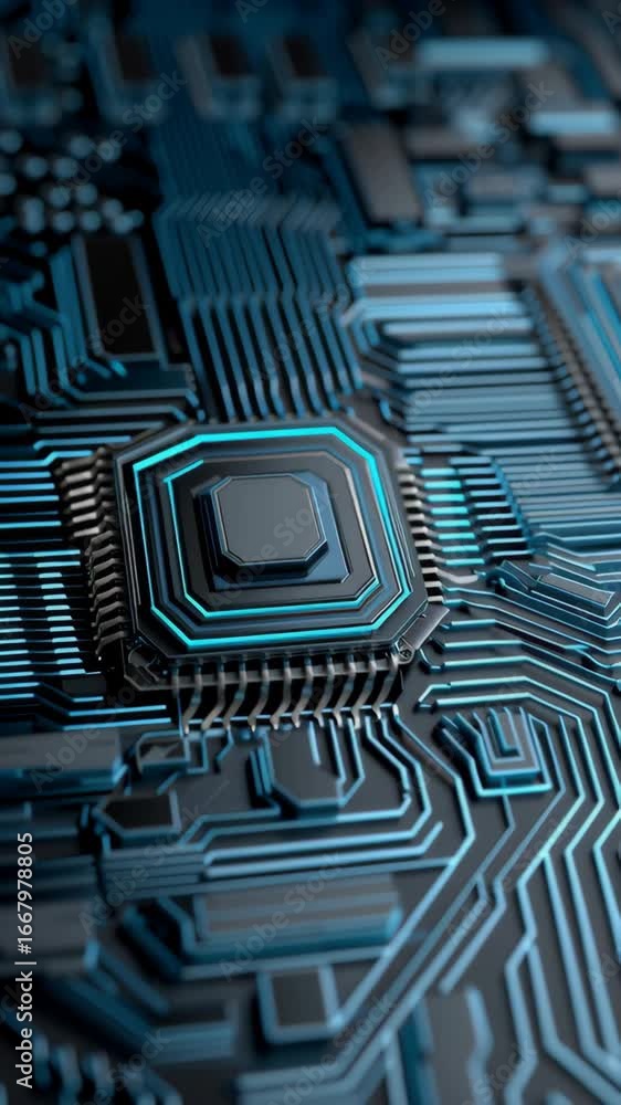 Poster intricate circuit board design showcasing microchip technology with blue and black patterns, highlig