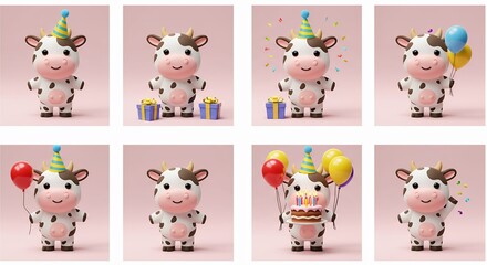 Obraz premium Cute cow characters celebrating a birthday with gifts and balloons illustration