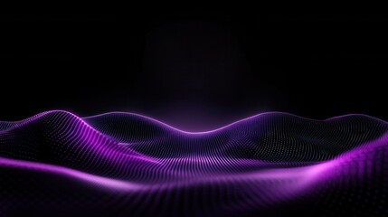 Glowing purple neon waves in darkness: futuristic digital landscape