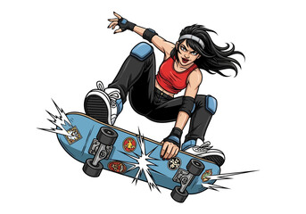 Obraz premium Vector art of a fierce female skateboarder in mid-air performing a trick with protective gear and decorated deck, symbolizing strength, energy, urban sport, and modern youth lifestyle