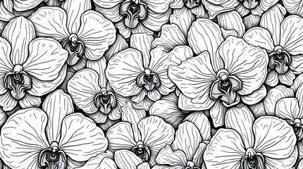 Fototapeta premium Orchid Flowers Pattern Hand Drawn Monochrome Illustration
