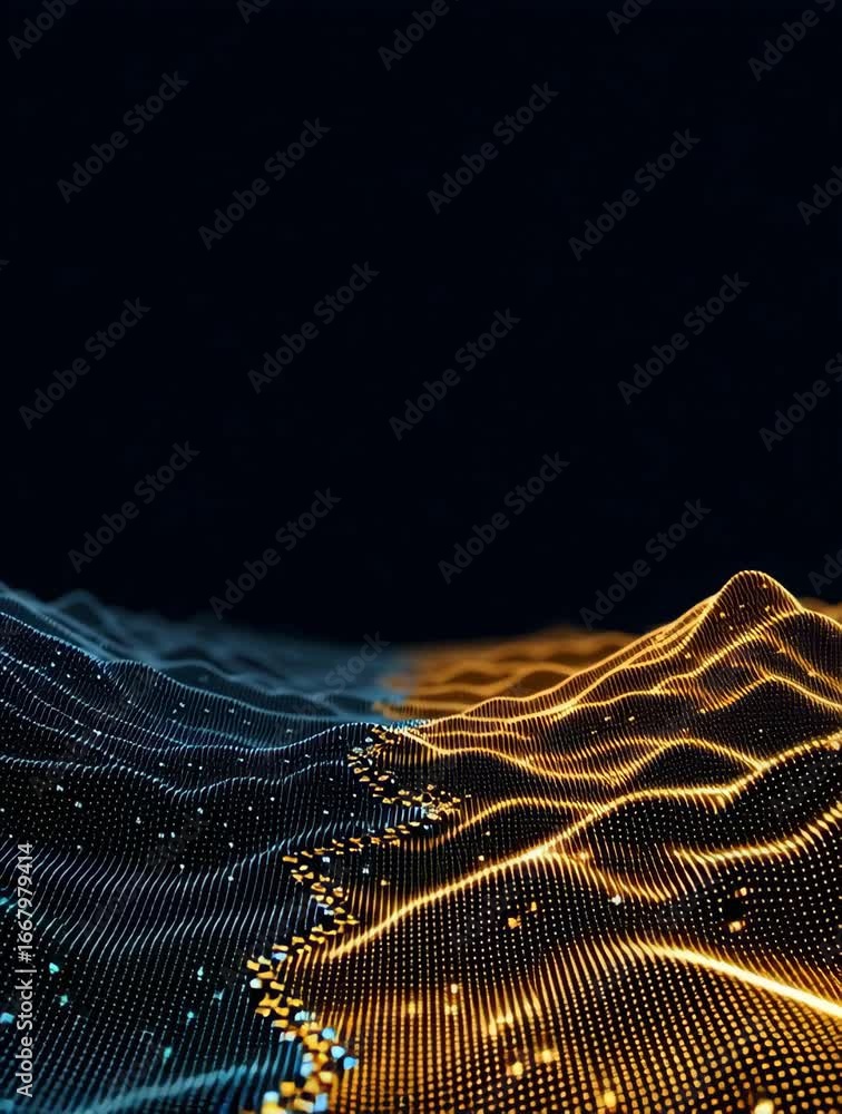 Poster digital landscape of flowing blue and orange waves mesmerizing data visualization technology evoking