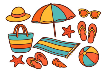 Stylish beach essentials for a perfect summer day by the ocean, colorful vector cartoon illustration with umbrella, flip flops, sunglasses, starfish, beach ball, and towel